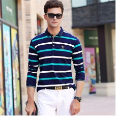 NETERO Men's Polo Shirt Long Sleeve Cotton Striprd Autumn Winter 