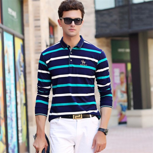 NETERO Men's Polo Shirt Long Sleeve Cotton Striprd Autumn Winter 